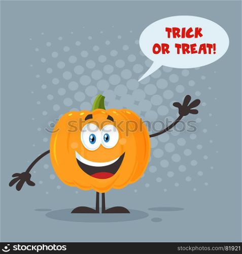 Happy Pumpkin Cartoon Emoji Character Waving For Greeting. Illustration Flat Design Style With Background Speech Bubble And Text