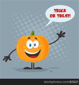 Happy Pumpkin Cartoon Emoji Character Waving For Greeting. Illustration Flat Design Style With Background Speech Bubble And Text