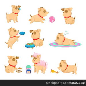 Happy puppy daily routine cartoon illustrations set. Collection of little dog activities during day, sleeping, playing, eating isolated on white background. Everyday activity of dogs, pets concept