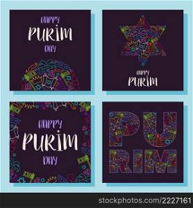 Happy Purim day greeting cards set. Vector illustration 