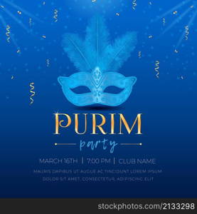 Happy Purim, Jewish holiday celebration party invitation. Masquerade Carnival mask with feathers, sparkles, golden serpentine, and 3d text on blue background Vector illustration.. Happy Purim, Jewish holiday party invitation. Masquerade Carnival mask with feathers on blue background Vector illustration.