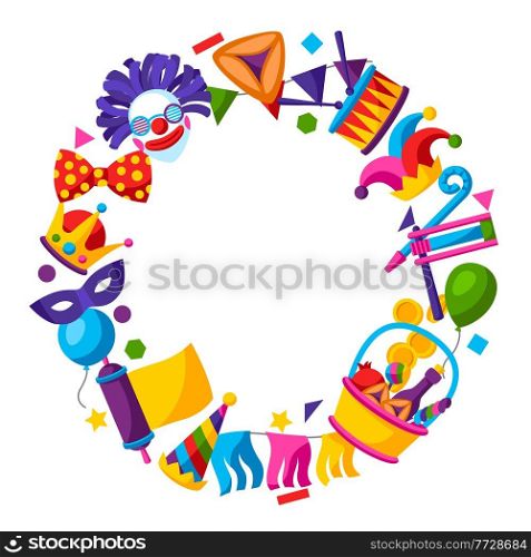 Happy Purim Jewish holiday frame. Background with traditional carnival funfair symbols.. Happy Purim Jewish holiday frame. Background with traditional symbols.