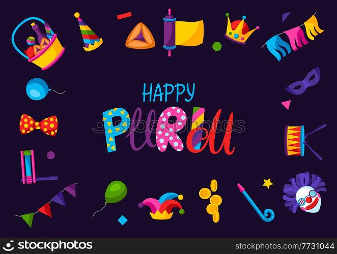 Happy Purim Jewish holiday frame. Background with traditional carnival funfair symbols.. Happy Purim Jewish holiday frame. Background with traditional symbols.