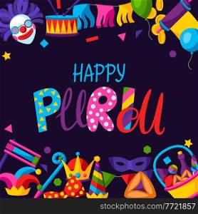 Happy Purim Jewish holiday greeting card. Background with traditional carnival funfair symbols.. Happy Purim Jewish holiday greeting card. Background with traditional symbols.