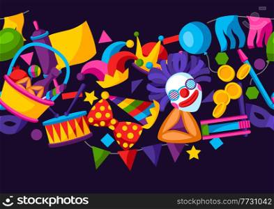 Happy Purim Jewish holiday seamless pattern. Background with traditional carnival funfair symbols.. Happy Purim Jewish holiday seamless pattern. Background with traditional symbols.