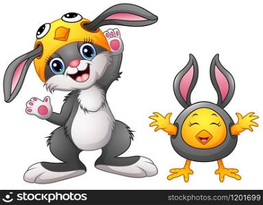 Happy rabbit and chicken cartoon in costume