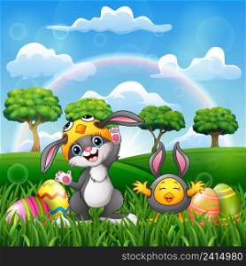 Happy rabbit and chicken cartoon in costume with easter egg
