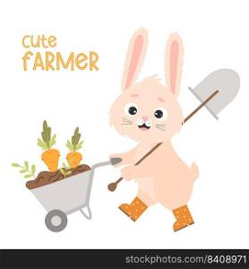 Happy rabbit in rubber boots with garden tool with shovel is carrying wheelbarrow with earth and carrots. Vector illustration. Autumn poster Cute farmer for postcard, agricultural harvest theme design
