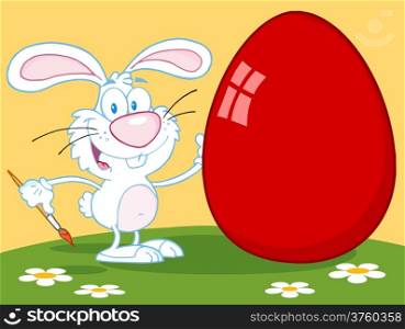 Happy Rabbit Painting Red Easter Egg Outdoors
