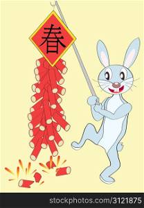 happy rabbit plays with firecrackers for greeting Chinese new year