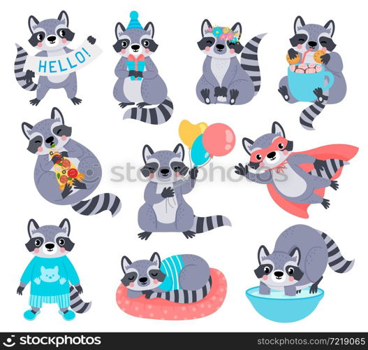 Happy raccoon mascot characters for kids birthday. Racoon superhero. Cute cartoon raccoons with balloon, eat pizza and wash hands vector set. Pet holding present box, drinking cocoa. Happy raccoon mascot characters for kids birthday. Racoon superhero. Cute cartoon raccoons with balloon, eat pizza and wash hands vector set