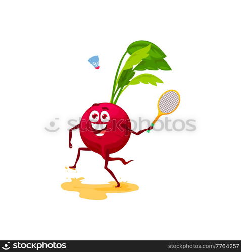 Happy radish cute cartoon character playing tennis isolated funny kids food. Vector cute emoticon with racket, sport activities, summer vacation holiday of funny veggie, healthy eating emoticon. Radish cartoon character play tennis on vacation