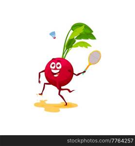 Happy radish cute cartoon character playing tennis isolated funny kids food. Vector cute emoticon with racket, sport activities, summer vacation holiday of funny veggie, healthy eating emoticon. Radish cartoon character play tennis on vacation