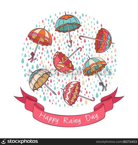 Happy Rainy Day Umbrellas Card. Vector Illustration.