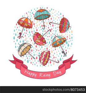 Happy Rainy Day Umbrellas Card. Vector Illustration.