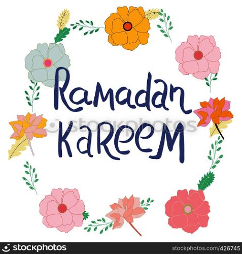 Happy Ramadan Kareem vector typography. Green textured frame on white background. Greeting Card, poster template. Happy and Holy Ramadan.. Happy Ramadan Kareem hand lettering.
