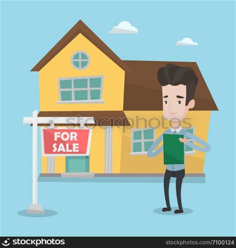 Happy real estate agent signing home purchase contract. Real estate agent standing in front of the house with placard for sale. Realtor selling a house. Vector flat design illustration. Square layout.. Real estate agent signing contract.