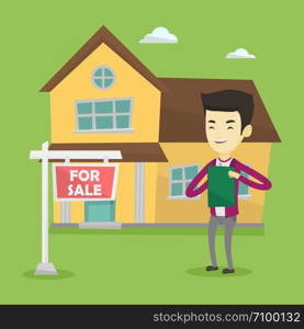 Happy real estate agent signing home purchase contract. Real estate agent standing in front of the house with placard for sale. Realtor selling a house. Vector flat design illustration. Square layout.. Real estate agent signing contract.