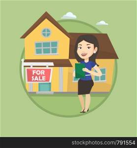 Happy real estate agent signing home purchase contract. Real estate agent standing in front of the house with placard for sale. Vector flat design illustration in the circle isolated on background.. Real estate agent signing contract.