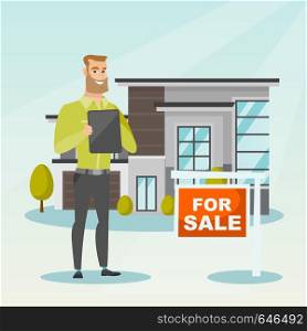 Happy real estate agent signing home purchase contract in front of house for sale. Real estate agent standing in front of house with placard for sale. Vector flat design illustration. Square layout.. Real estate agent signing home purchase contract.