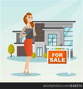 Happy real estate agent signing home purchase contract in front of house for sale. Real estate agent standing in front of house with placard for sale. Vector flat design illustration. Square layout.. Real estate agent signing home purchase contract.