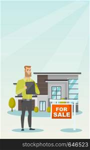 Happy real estate agent signing home purchase contract in front of house for sale. Real estate agent standing in front of house with placard for sale. Vector flat design illustration. Vertical layout.. Real estate agent signing home purchase contract.