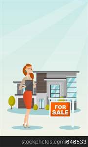Happy real estate agent signing home purchase contract in front of house for sale. Real estate agent standing in front of house with placard for sale. Vector flat design illustration. Vertical layout.. Real estate agent signing home purchase contract.