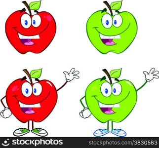 Happy Red And Green Apples Waving For Greeting. Collection