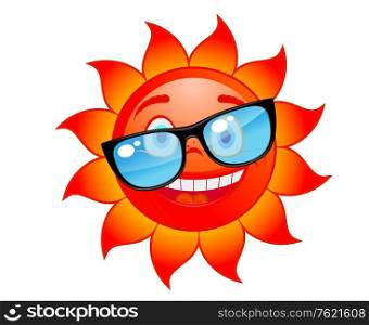 Happy red and hot sun in sunglasses. Cartoon style