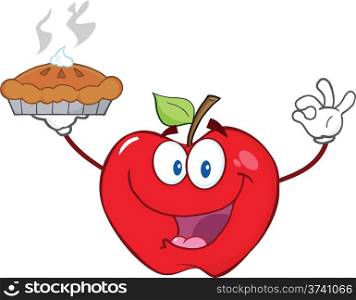 Happy Red Apple Character Holding Up A Pie