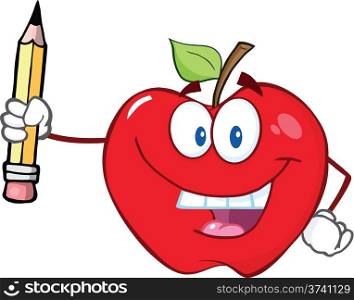 Happy Red Apple Holding Up A Pencil
