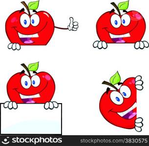 Happy Red Apples Characters With Blank Sign. Collection