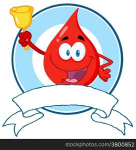 Happy Red Blood Drop Waving A Bell For Donation Above A Blank Banner