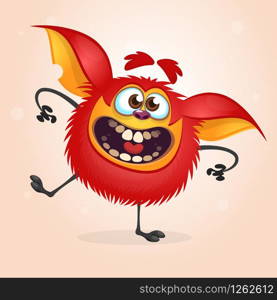 Happy red cartoon monster dancing. Halloween vector illustration ofrad furry monster character