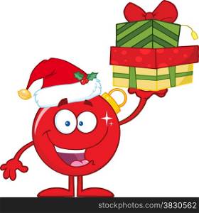 Happy Red Christmas Ball Cartoon Character Holding Up A Stack Of Gifts