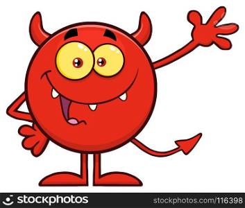 Happy Red Devil Cartoon Emoji Character Waving For Greeting. Illustration Isolated On White Background