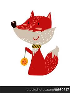 Happy red fox with yo-yo icon isolated on white background. Vector illustration with cute smiling animal with colorful rotating toy on thin rope or ball. Happy Red Fox with Yo-yo Icon Vector Illustration