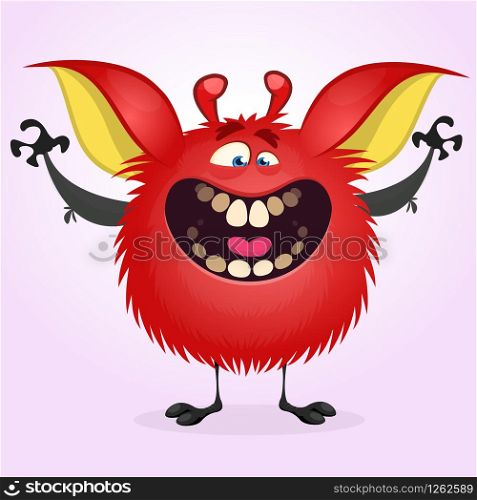Happy red monster excited. Vector illustration of hairy round troll waving hands