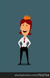 Happy redhead businesswoman or clerk in gold crown. For success or leadership themes. Happy businesswoman wearing in gold crown