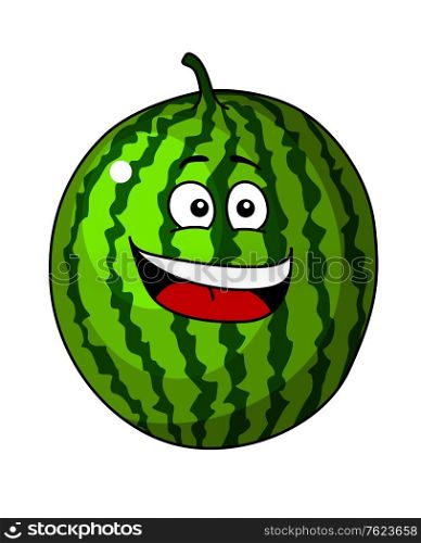 Happy refreshing green cartoon watermelon fruit for a tempting tropical treat with a beaming smile isolated on white