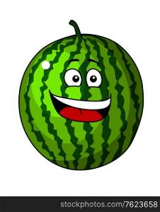 Happy refreshing green cartoon watermelon fruit for a tempting tropical treat with a beaming smile isolated on white