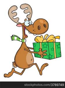 Happy Reindeer Runs With Bag