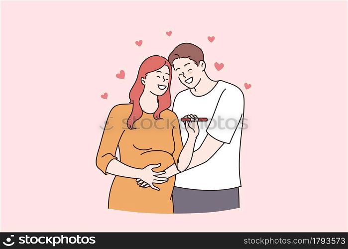 Happy relationship and expecting for baby concept. Happy couple man and woman cartoon characters standing hugging holding positive pregnancy test vector illustration . Happy relationship and expecting for baby concept.