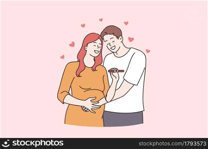 Happy relationship and expecting for baby concept. Happy couple man and woman cartoon characters standing hugging holding positive pregnancy test vector illustration . Happy relationship and expecting for baby concept.