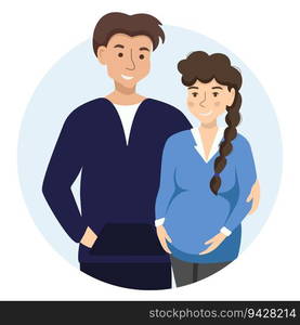 Happy relationship and pregnancy concept. Cartoon couple man and woman standing and hugging. Vector illustration.. Happy relationships and healthy pregnancy symptoms. Cartoon characters standing and hugging. Vector illustration with future smiling parents.