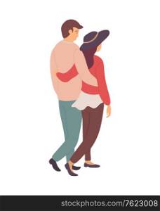 Happy relationship, embracing man and woman in casual clothes. Male and female holding each other, back view of lover character vector isolated people. Happy Relationship, Embracing Man Woman in Casual