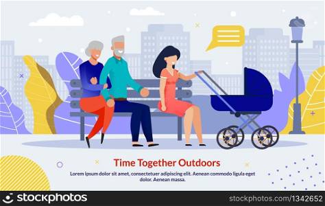 Happy Relatives Spare Time Together Outdoors Poster. Grey-Haired Grandparents Couple, Young Mother with Newborn Baby in Stroller Rest on Bench in Natural Park. Flat Cartoon Vector Illustration. Happy Relatives Spare Time Together Outdoor Poster