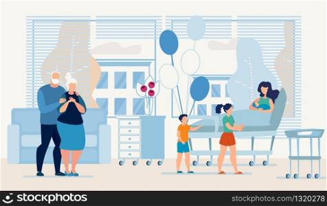 Happy Relatives Visiting Mother with Newborn Baby at Maternity Department. Parturient Parents and her Children Greeting Young Woman Family Replenishment. Vector Cartoon Flat Illustration. Happy Relatives Visiting Mother with Newborn Baby