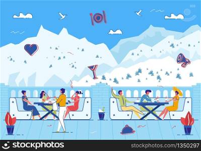 Happy Relaxed People Sitting at Tables on Beautiful Mountains Landscape View Background. Highland Resort Outdoor Cafe at Summertime, Characters Drink Beverages Talking Cartoon Flat Vector Illustration. People Sit in Cafe on Mountains View Background.
