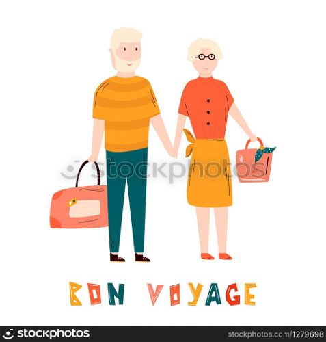 Happy retired couple traveling together. Vector illustration in a flat style. Happy retired couple traveling together Flat image